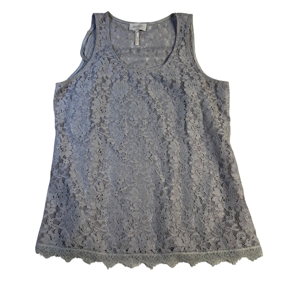 Laundry by Shelli Segal Silver Floral Lace Sleeveless Top Scalloped Hem Size L - Picture 5 of 10